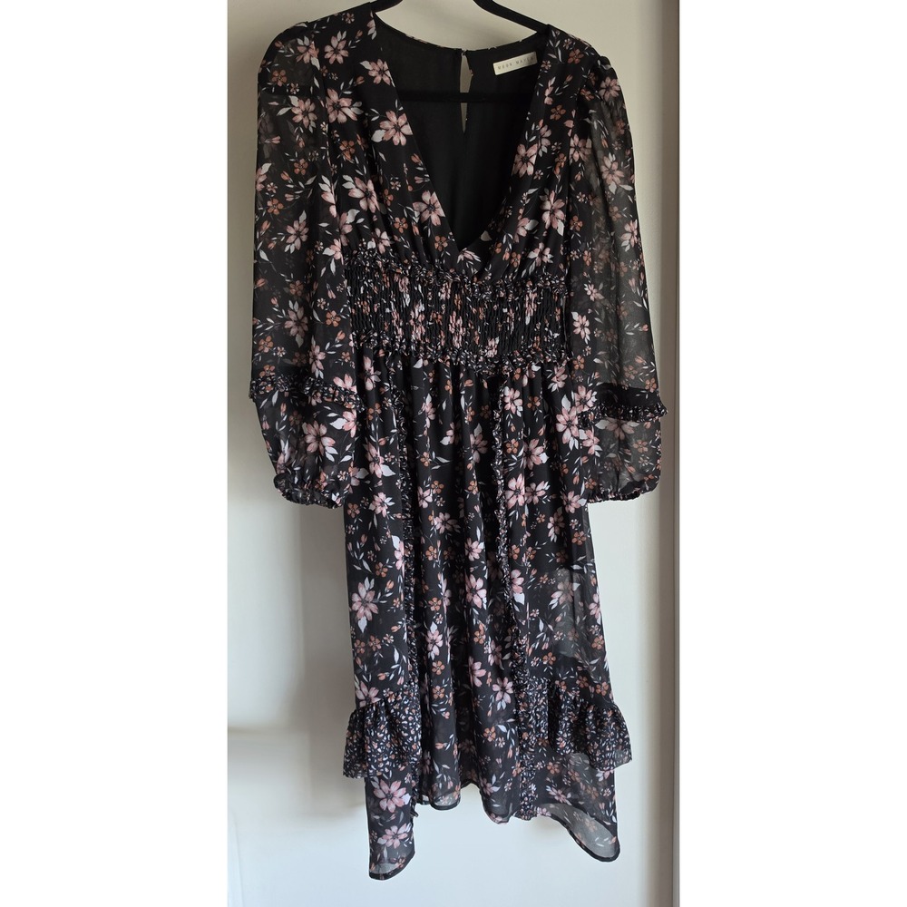 Moon Maven Floral Maxi Dress Black Pink V-Neck Long Sleeve Boho Wrap Gown
